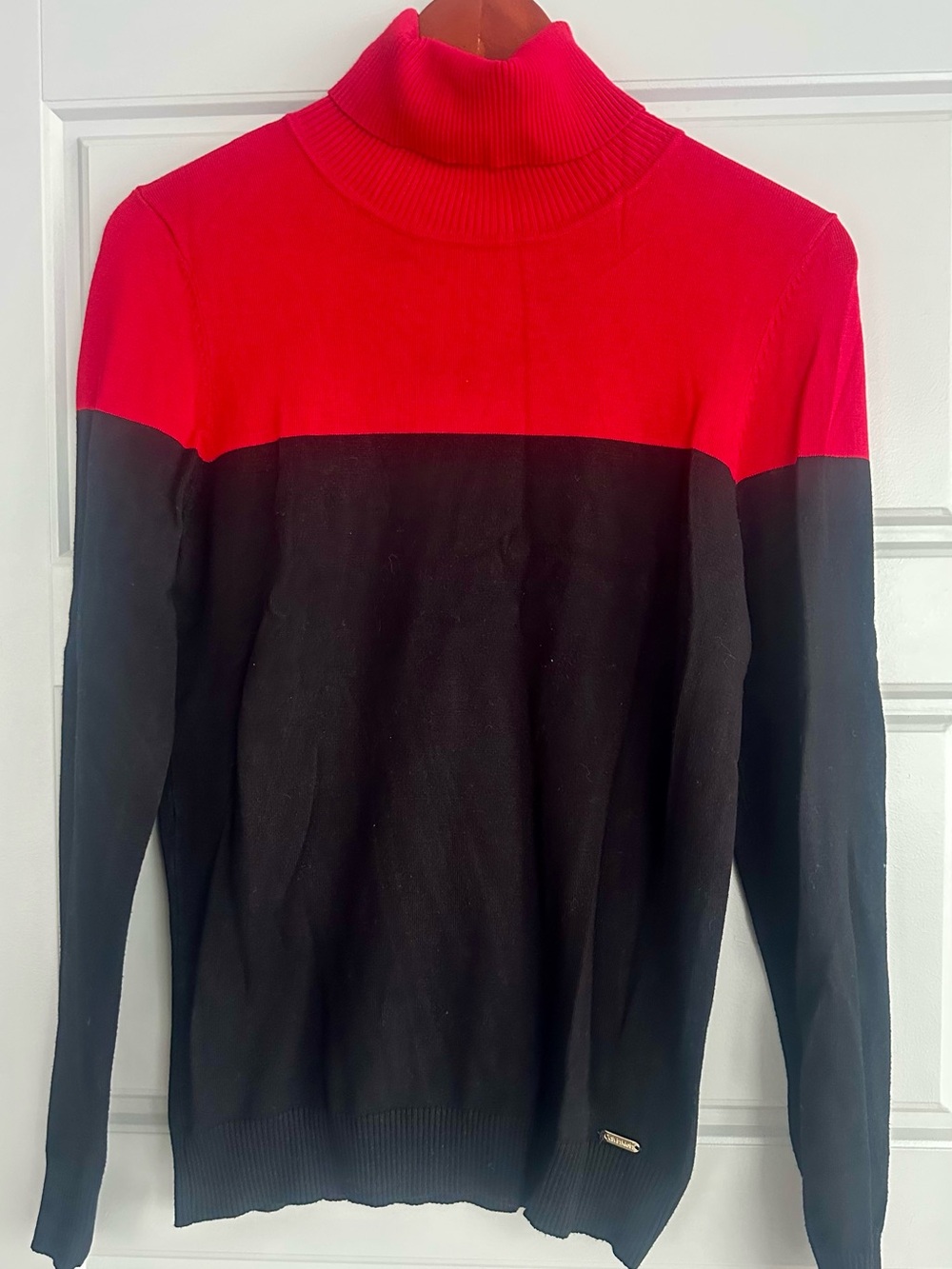 Calvin Klein Red and Black Colorblock Turtleneck Sweater